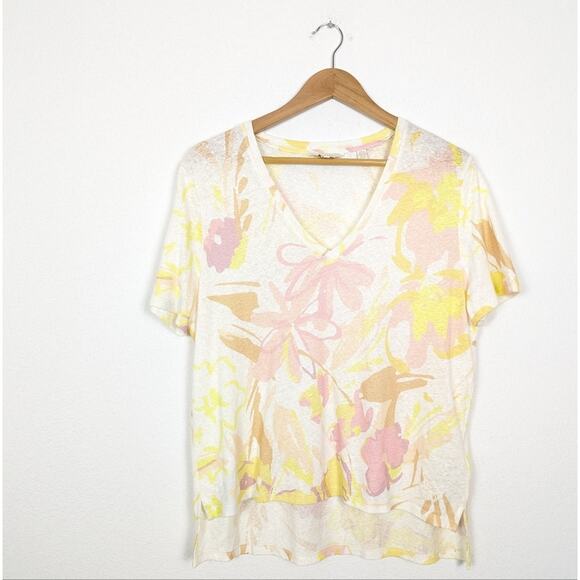 Ted Baker London Pink & Yellow Floral Print Linen Blend V-Neck Tee - Picture 3 of 7